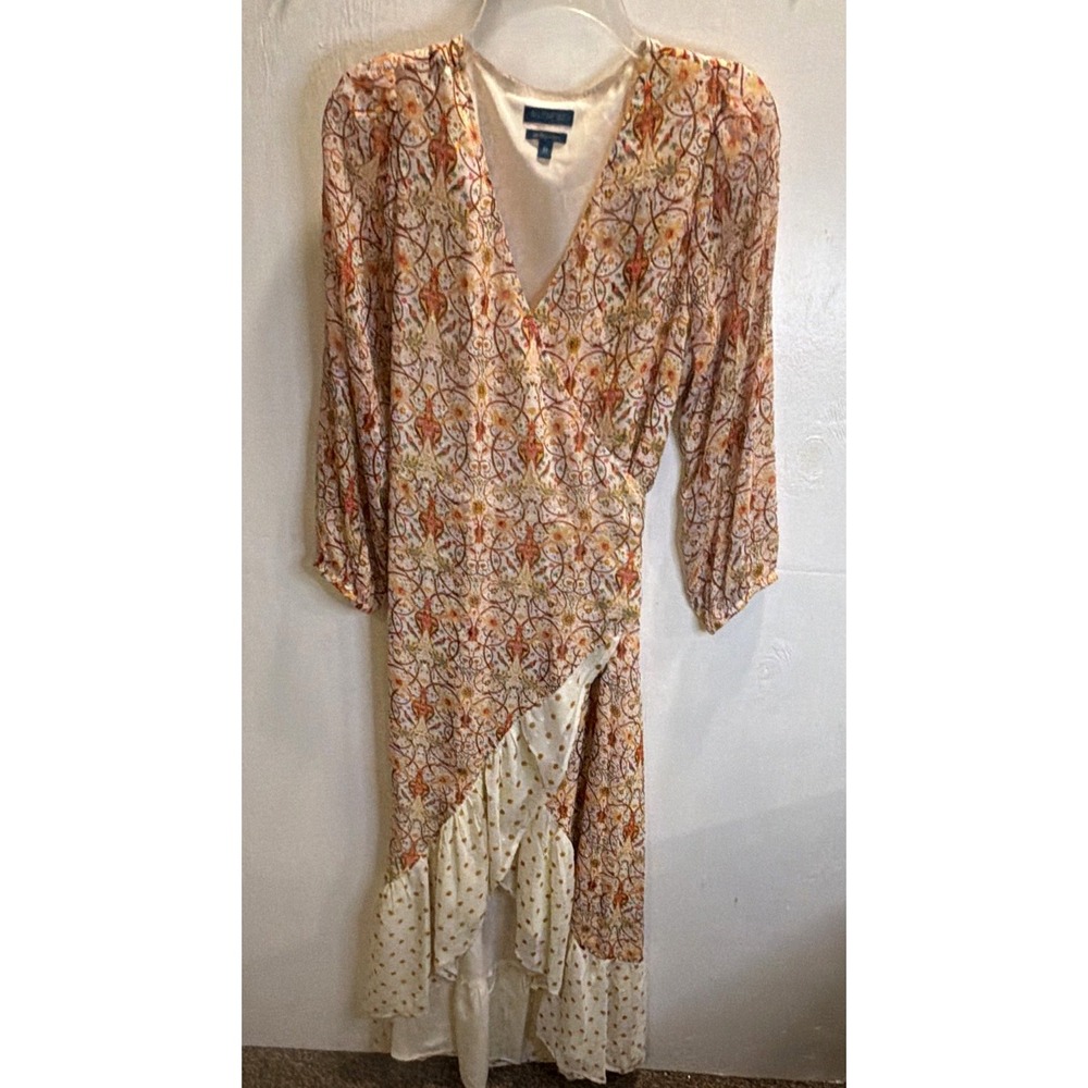 Biltmore Sz M Floral Wrap Midi Dress Beige/Multicolor V-Neck Tie Waist Lined